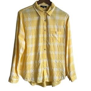 Lior Paris Women Top L Yellow Check Button Up Preppy Coastal Beach Office Travel